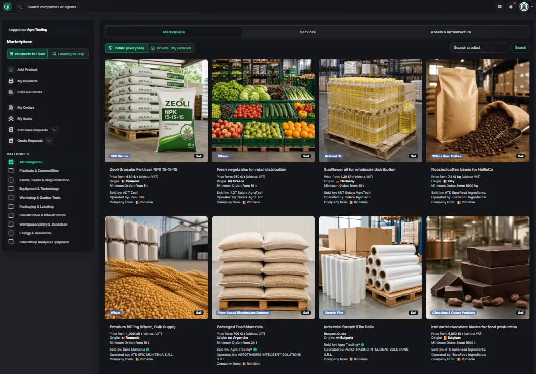 AgroTrading main dashboard — side menu and marketplace view